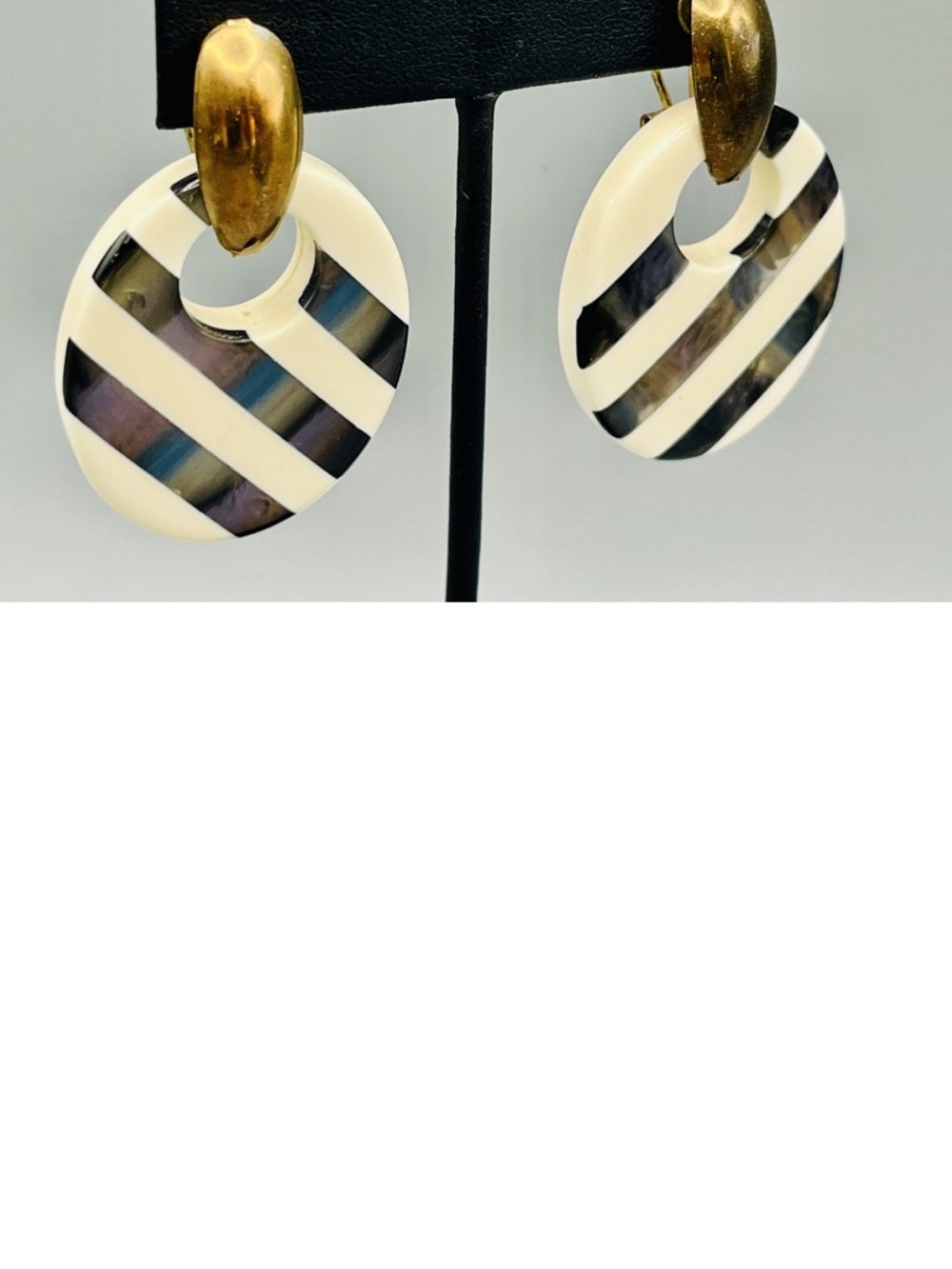 Vintage Lucite Gold and Ivory Striped Hoop Drop Earrings